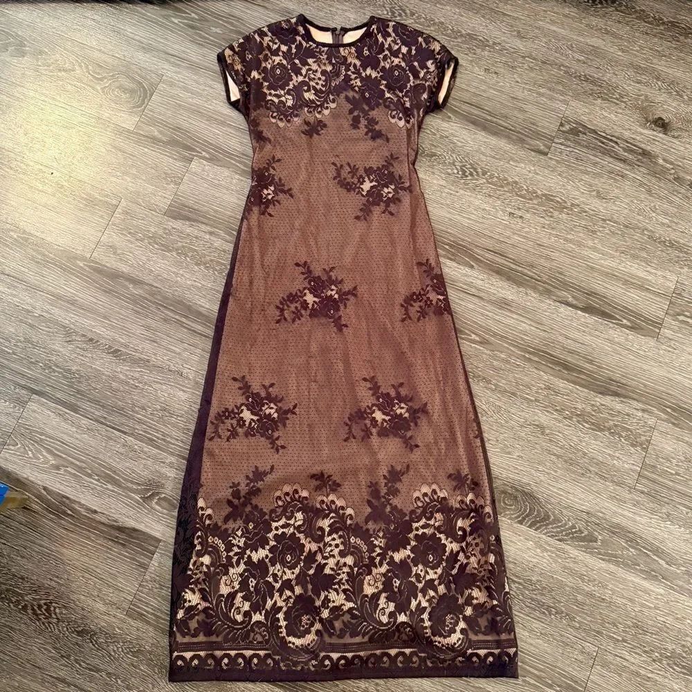 Jeffrey & Dara Vintage 90s Short Sleeve Brown Lace Maxi Gown
